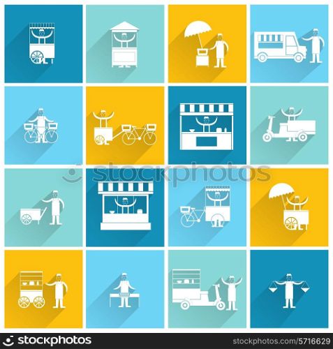 Street fast takeout food stall and standing people icon flat white set isolated vector illustration