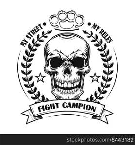 Street fight ch&ion vector illustration. Skull of competition winner with award decoration and text. Fight club concept for community emblems or badges templates