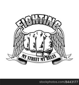 Street fighter badge vector illustration. Fists with wings, text on ribbon. Lifestyle concept for fight club emblem or gangsta tattoo templates