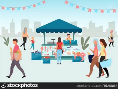 Street fishmarket flat illustration. People walk summer fair, outdoor market stall with seafood. Fresh sea food trade tent, fish counter. Customers with purchases in local shops cartoon characters