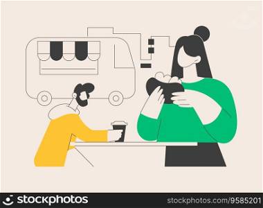 Street food abstract concept vector illustration. City food truck, public place, market and fair, quick snack, try≠w taste, travel guide, original recipe, public hea<h abstract metaphor.. Street food abstract concept vector illustration.