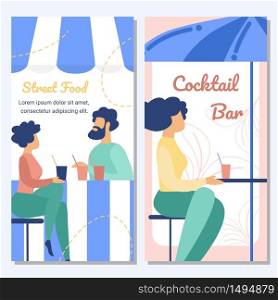 Street Food and Cocktail Bar Flat Vector Banner or Poster Template with Couple on Date, Work Colleagues, Female, Male Clients Sitting at Table, Drinking Beverages, Talking in Cafe or Bar Illustration