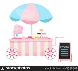 Street food cart flat vector illustration. Sweets and candies trolley. Outdoor confectionery cartoon concept isolated on white. Summer festival, carnival pink market stall with confections and pastry