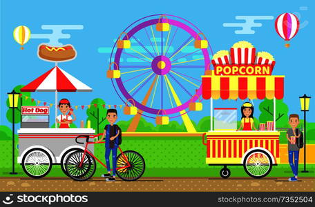 Street food carts with vendors in amusement park. Hot dogs and crispy popcorn trolleys near ferris wheel cartoon vector illustration, mobile van shops. Street Food Carts with Vendors in Amusement Park