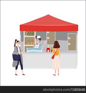Street food drinks market talls canopy and beverages. Seller and Buyers. Street food drinks market talls canopy and beverages. Seller and Buyers. Vector, Illustration, Isolated, Banner, Template Cartoon flat