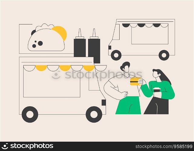 Street food festival abstract concept vector illustration. Food truck service, local food event, outdoor activity, chef prepare meals, international menu, art and music abstract metaphor.. Street food festival abstract concept vector illustration.