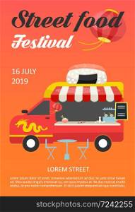Street food festival brochure template. Asian cuisine restaurant truck flyer, booklet, leaflet concept with flat illustrations. Vector page layout for magazine. Advertising invitation with text space