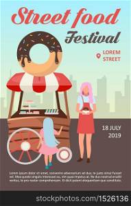 Street food festival brochure template. Bakery cart. Donuts sale flyer, booklet, leaflet concept with flat illustrations. Vector page layout for magazine. Advertising invitation with text space