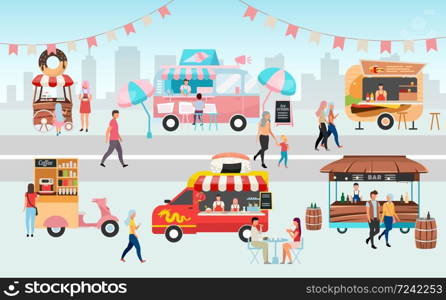Street food festival flat vector illustration. Summer outdoor rest in town. Sellers, buyers and trucks with snacks, ready meal. City fest with food vehicles, walking, eating people cartoon characters