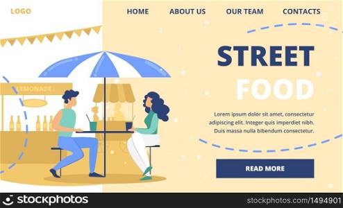 Street Food Festival, Outdoor Cafe or Restaurant Flat Vector Web Banner or Landing Page Template. Couple on Date, Male, Female Friends or Work Colleagues Drinking Lemonade at Cafe Table Illustration