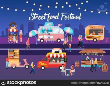 Street food festival poster vector template. City fest. Brochure, cover, booklet page concept design with flat illustrations. Meal sale, resting people. Advertising flyer, leaflet, banner layout idea