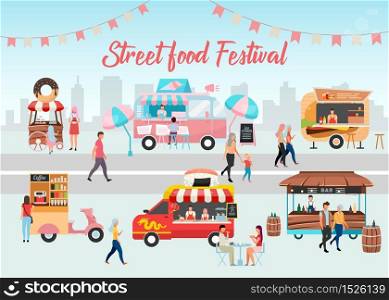 Street food festival poster vector template. Fast food fest. Brochure, cover, booklet page concept design with flat illustrations. Meal sale. Advertising flyer, leaflet, banner layout idea
