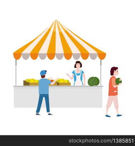 Street food fruits market talls canopy. Seller and Buyers. Street food fruits market talls canopy. Seller and Buyers. Vector, Illustration, Isolated, Banner, Template Cartoon flat