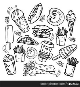 Street food hand drawn doodle icons. Kinds of fast food. Doodle clip-art.. Street food hand drawn doodle icons. Kinds of fast food.