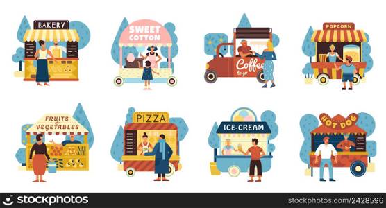 Street food icons set with sellers and buyers symbols flat isolated vector illustration. Street Food Icons Set