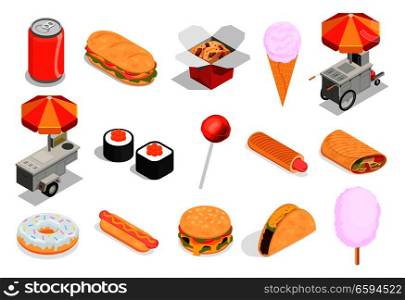 Street food icons set with sweets and fast food symbols isometric isolated vector illustration. Street Food Icons Set