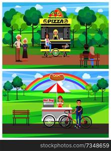Street food in bright summer park vector banner, green trees grass, pizza and hot-dog snacks cheerful people on rest, menu list colorful rainbow. Street Food in Bright Summer Park Vector Banner
