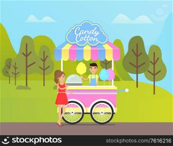 Street food in park vector, woman buying dessert form seller in truck. Store with wheels and sign above. delicious meal sold by merchant in forest. Candy Cotton Seller and Client, Street Food in Park