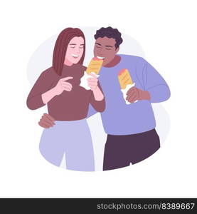 Street food isolated cartoon vector illustrations. Young man bites her girlfriends burger, eating out takeaway food together, delicious meal, leisure time, walking the street vector cartoon.. Street food isolated cartoon vector illustrations.