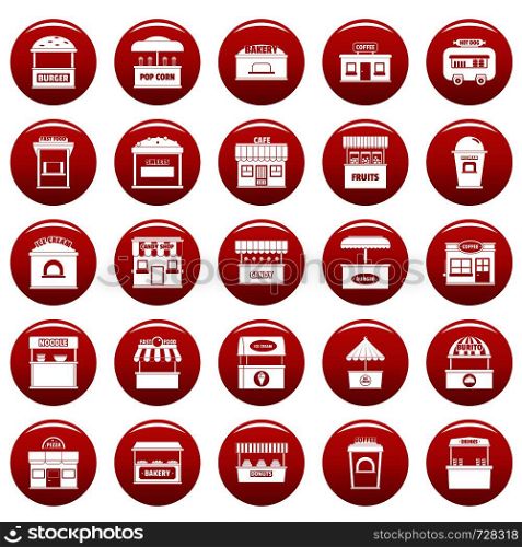 Street food kiosk icons set. Simple illustration of 25 street food kiosk vector icons red isolated. Street food kiosk icons set vetor red