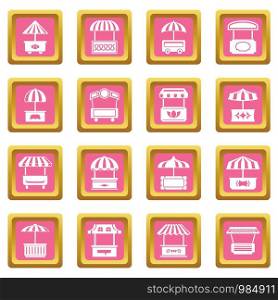 Street food kiosk icons set vector pink square isolated on white background . Street food kiosk icons set pink square vector