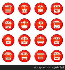 Street food kiosk icons set vector red circle isolated on white background . Street food kiosk icons set red vector