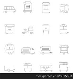 Street food kiosk vehicle set icons in outline style isolated on white background. Street food kiosk vehicle icon set outline