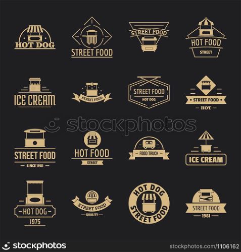 Street food logo icons set. Simple illustration of 16 street food logo vector icons for web. Street food logo icons set, simple style