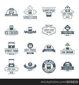 Street food logo icons set. Simple illustration of 16 street food logo vector icons for web. Street food logo icons set, simple style