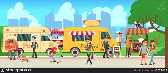 Street food market. People walking city park, cartoon fast food trucks and tents. Man woman eating, shopping drink coffee. Outdoor entertainment vector illustration. City market, fair festival food. Street food market. People walking city park, cartoon fast food trucks and tents. Man woman eating, skateboarding shopping drink coffee. Outdoor entertainment vector illustration