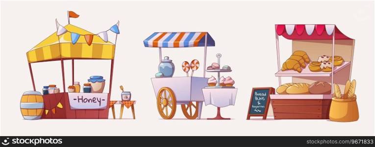Street food market stalls with honey and bee products, fresh bakery pastries, confectionery candies and cookies. Cartoon vector illustration set of farmer stand with food for funfair and park festival. Street food market stalls with food