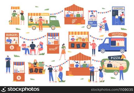 Street food marketplace. Outdoor farmers market, characters buy and sell vegetables, bread, flowers and other products, street shopping trade vector illustration. Local kiosks, food trucks and booths. Street food marketplace. Outdoor farmers market, characters buy and sell vegetables, bread, flowers and other products, street shopping trade vector illustration. Local kiosks, food vendor booths