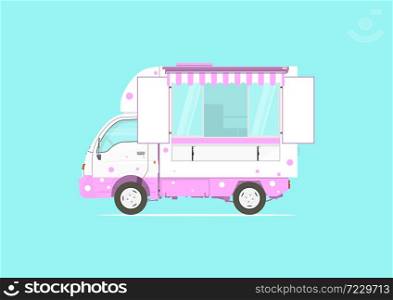 Street food reopening. Side view of a small food truck. Flat vector.
