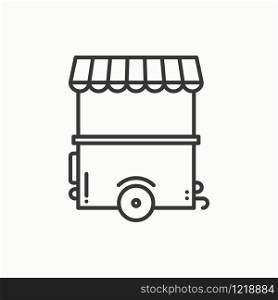 Street food retail thin line icon. Food trolley, truck, kiosk, wheel market stall, mobile cafe, shop, trade cart. Vector linear icon. Isolated illustration. Symbols Object. Fast food sale. Street food retail thin line icon. Food trolley, truck, kiosk, wheel market stall, mobile cafe, shop, trade cart. Vector linear style icon. Isolated illustration. Symbols. Object. Fast food sale.