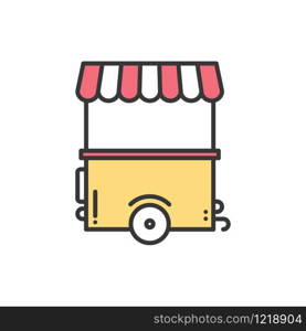 Street food retail thin line icon. Food trolley, truck, kiosk, wheel market stall, mobile cafe, shop, trade cart. Vector linear icon. Isolated illustration. Symbols Object. Fast food sale. Street food retail thin line icon. Food trolley, truck, kiosk, wheel market stall, mobile cafe, shop, trade cart. Vector linear style icon. Isolated illustration. Symbols. Object. Fast food sale.