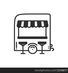 Street food retail thin line icon. Food trolley, truck, kiosk, wheel market stall, mobile cafe, shop, trade cart. Vector linear icon. Isolated illustration. Symbols Object. Fast food sale