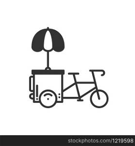 Street food retail thin line icon. Tricycle trade cart. Fast food trolley bike, bicycle. Wheel shop, cafe, mobile kiosk, stall. Vector style linear icon. Isolated illustration. Symbols. Black. Street food retail thin line icon. Tricycle trade cart. Fast food trolley bike, bicycle. Wheel shop, cafe, mobile kiosk, stall. Vector style linear icon. Isolated flat illustration. Symbols. Black