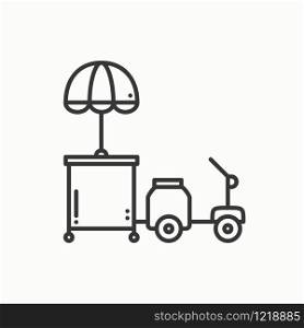 Street food retail thin line icon. Tricycle trade cart. Fast food trolley motorcycle, motorbike. Wheel shop, mobile kiosk, stall. Vector style linear icon. Isolated illustration. Symbols. Black. Street food retail thin line icon. Tricycle trade cart. Fast food trolley motorcycle, motorbike. Wheel shop, mobile kiosk, stall. Vector style linear icon. Isolated flat illustration. Symbols. Black