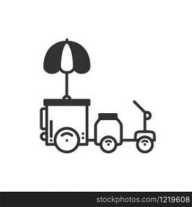 Street food retail thin line icon. Tricycle trade cart. Fast food trolley motorcycle, motorbike. Wheel shop, mobile kiosk, stall. Vector style linear icon. Isolated illustration. Symbols. Black. Street food retail thin line icon. Tricycle trade cart. Fast food trolley motorcycle, motorbike. Wheel shop, mobile kiosk, stall. Vector style linear icon. Isolated flat illustration. Symbols. Black