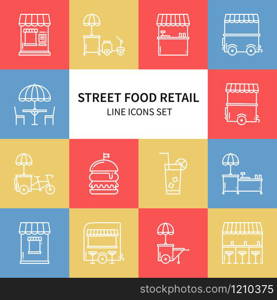 Street food retail thin line icons set. Food truck, kiosk, trolley, wheel market stall, mobile cafe, shop, tent, trade cart. Vector style linear icons. Symbols. Street food retail thin line icons set. Food truck, kiosk, trolley, wheel market stall, mobile cafe, shop, tent, trade cart. Vector style linear icons. Symbols.