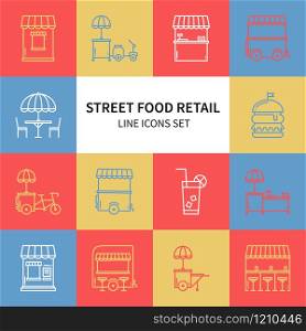 Street food retail thin line icons set. Food truck, kiosk, trolley, wheel market stall, mobile cafe, shop, tent, trade cart. Vector style linear icons. Symbols. Street food retail thin line icons set. Food truck, kiosk, trolley, wheel market stall, mobile cafe, shop, tent, trade cart. Vector style linear icons. Symbols.