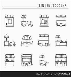 Street food retail thin line icons set. Food truck, kiosk, trolley, wheel market stall, mobile cafe, shop, tent, trade cart. Vector style linear icons. Isolated flat illustration. Symbols. Black white. Street food retail thin line icons set. Food truck, kiosk, trolley, wheel market stall, mobile cafe, shop, tent, trade cart. Vector style linear icons. Isolated illustration. Symbols. Black and white