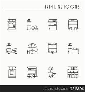 Street food retail thin line icons set. Food truck, kiosk, trolley, wheel market stall, mobile cafe, shop, tent, trade cart. Vector style linear icons. Isolated flat illustration. Symbols. Black white. Street food retail thin line icons set. Food truck, kiosk, trolley, wheel market stall, mobile cafe, shop, tent, trade cart. Vector style linear icons. Isolated illustration. Symbols. Black and white
