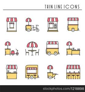 Street food retail thin line icons set. Food truck, kiosk, trolley, wheel market stall, mobile cafe, shop, tent, trade cart. Vector style linear icons. Isolated illustration. Symbols. Yellow red. Street food retail thin line icons set. Food truck, kiosk, trolley, wheel market stall, mobile cafe, shop, tent, trade cart. Vector style linear icons. Isolated flat illustration. Symbols. Yellow, red