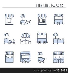 Street food retail thin line icons set. Food truck, kiosk, trolley, wheel market stall, mobile cafe, shop, tent, trade cart. Vector style linear icons. Isolated illustration. Symbols Blue. Street food retail thin line icons set. Food truck, kiosk, trolley, wheel market stall, mobile cafe, shop, tent, trade cart. Vector style linear icons. Isolated flat illustration. Symbols. Blue
