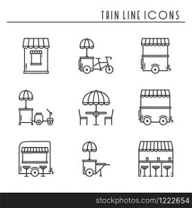 Street food retail thin line icons set. Food truck, kiosk, trolley, wheel market stall, mobile cafe, shop, tent, trade cart. Vector style linear icons. Isolated flat illustration. Symbols silhouette. Street food retail thin line icons set. Food truck, kiosk, trolley, wheel market stall, mobile cafe, shop, tent, trade cart. Vector style linear icons. Isolated illustration. Symbols silhouette