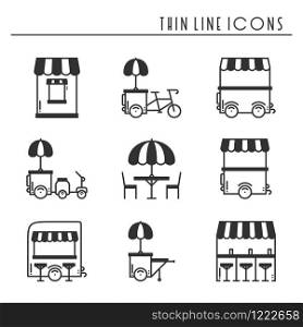 Street food retail thin line icons set. Food truck, kiosk, trolley, wheel market stall, mobile cafe, shop, tent, trade cart. Vector style linear icons. Isolated flat illustration. Symbols silhouette. Street food retail thin line icons set. Food truck, kiosk, trolley, wheel market stall, mobile cafe, shop, tent, trade cart. Vector style linear icons. Isolated illustration. Symbols silhouette