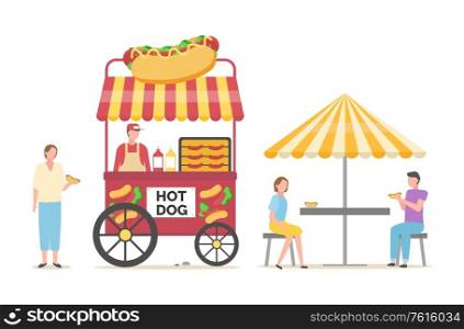 Street food selling and eating vector, salesperson with hot dogs and clients enjoying meal sitting under tent by shop, cart with buns and sausages. Hot Dog Selling Spot and Customers Eating Food