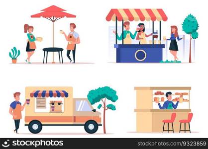 Street food shop isolated elements set. Bundle of cafe with waiters, sale of coffee in kiosk and car, bakery shop, people buy drinks. Creator kit for vector illustration in flat cartoon design