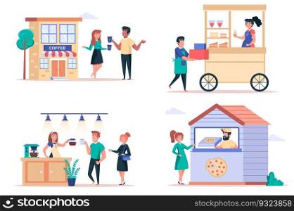 Street food shop isolated elements set. Bundle of people buy drinks in coffee shop, kiosks with desserts, pizza in pizzeria restaurant. Creator kit for vector illustration in flat cartoon design